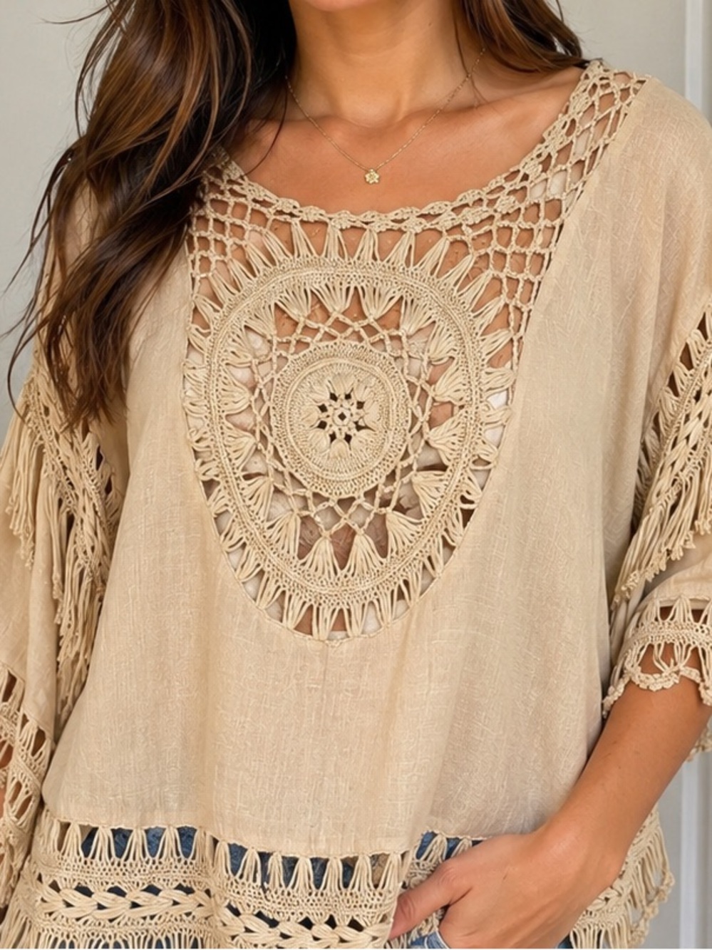 Rebellion Crochet Fringe Tunic in Beige